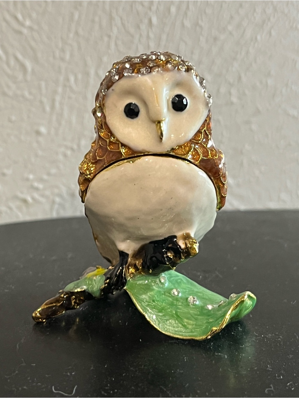 Enamel Owl trinket box with Green Leaf Base